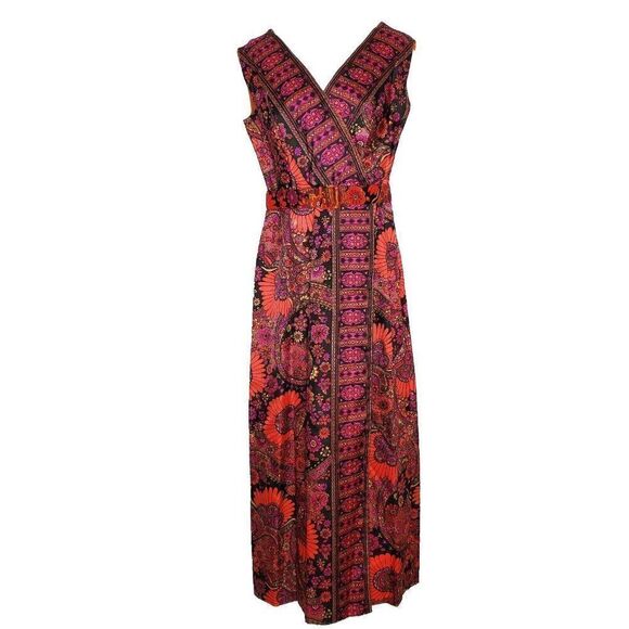 Vintage 60s Floral Mod Maxi Dress 6* Sleeveless Hostess Psychedelic Black Orange - Picture 1 of 7
